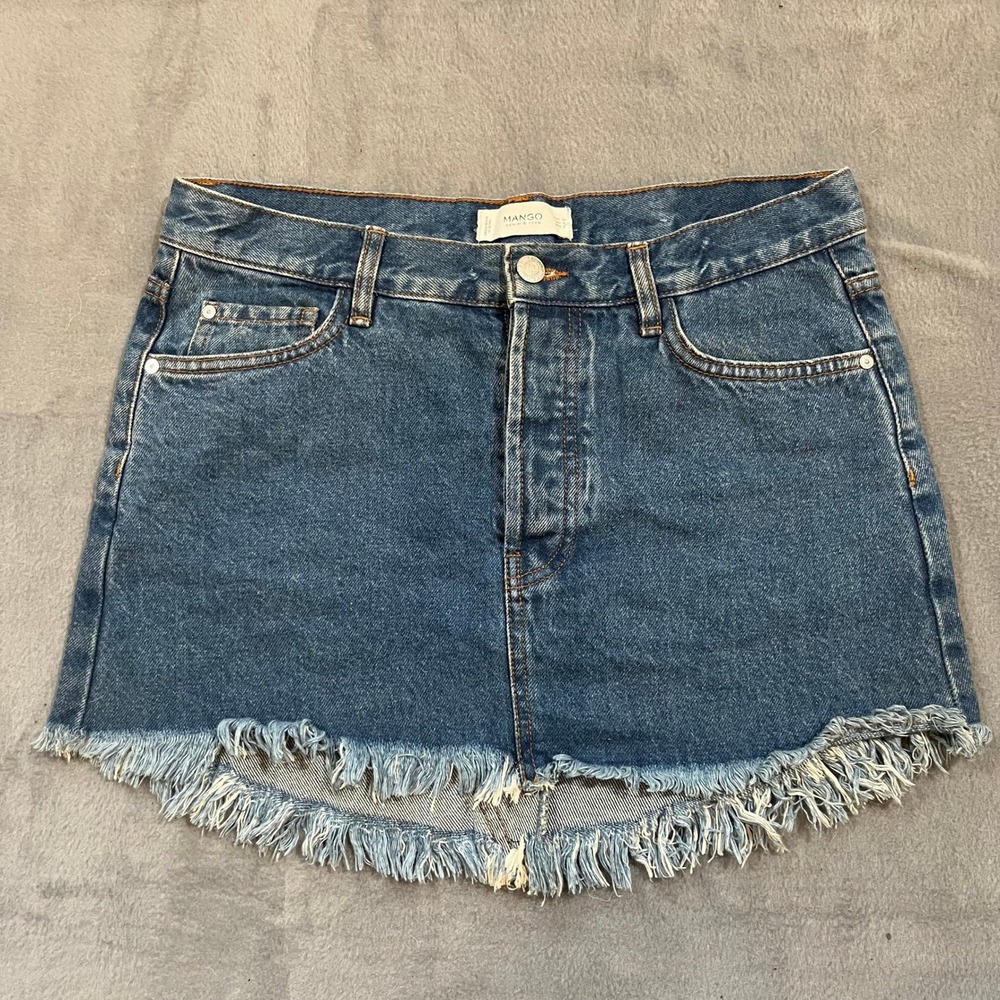 Mango Denim‎ & Tees Frayed Hem Mini Skirt Women's Button Fly Distressed
